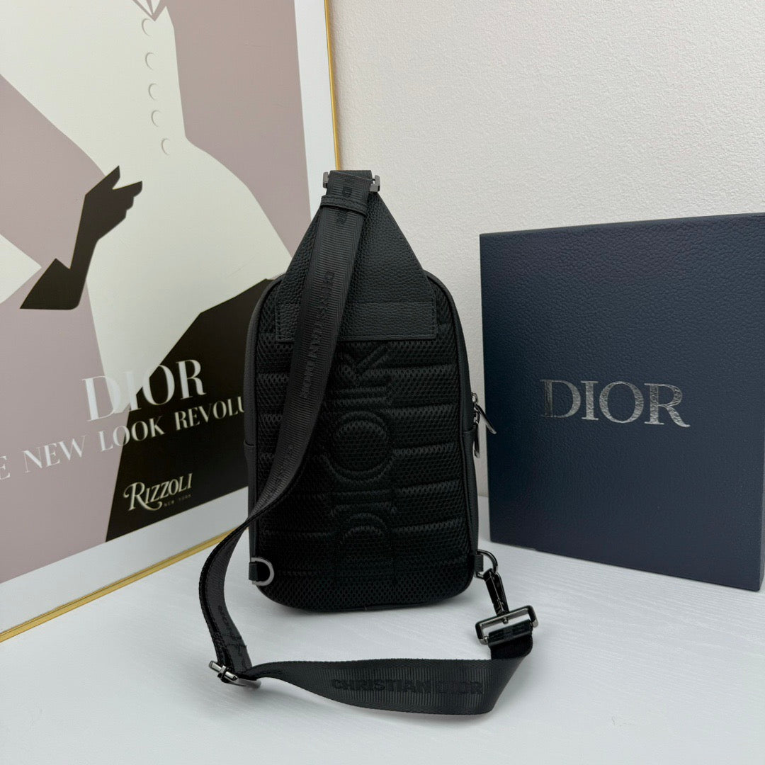 Dior Oblique Sling Bag – Black Leather with Monogram Canvas