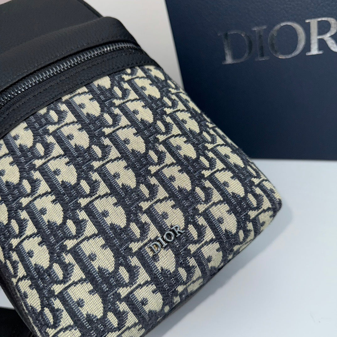 Dior Oblique Sling Bag – Black Leather with Monogram Canvas
