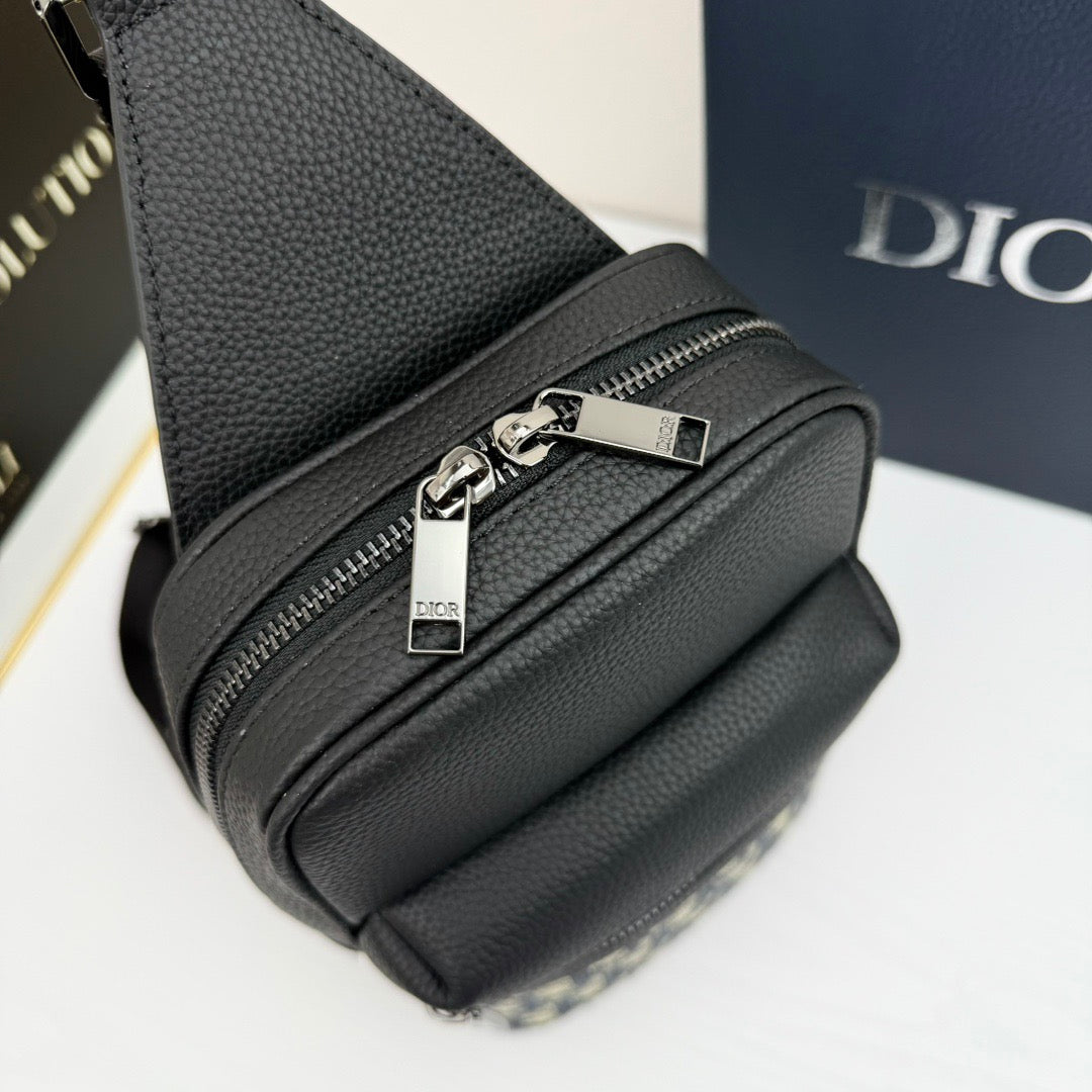 Dior Oblique Sling Bag – Black Leather with Monogram Canvas