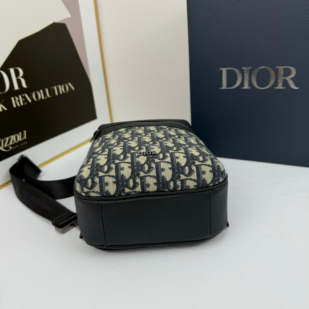 Dior Oblique Sling Bag – Black Leather with Monogram Canvas