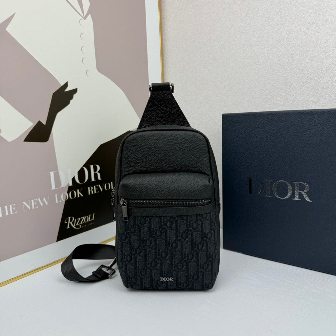 Dior Oblique Sling Bag – Black Leather with Monogram Canvas