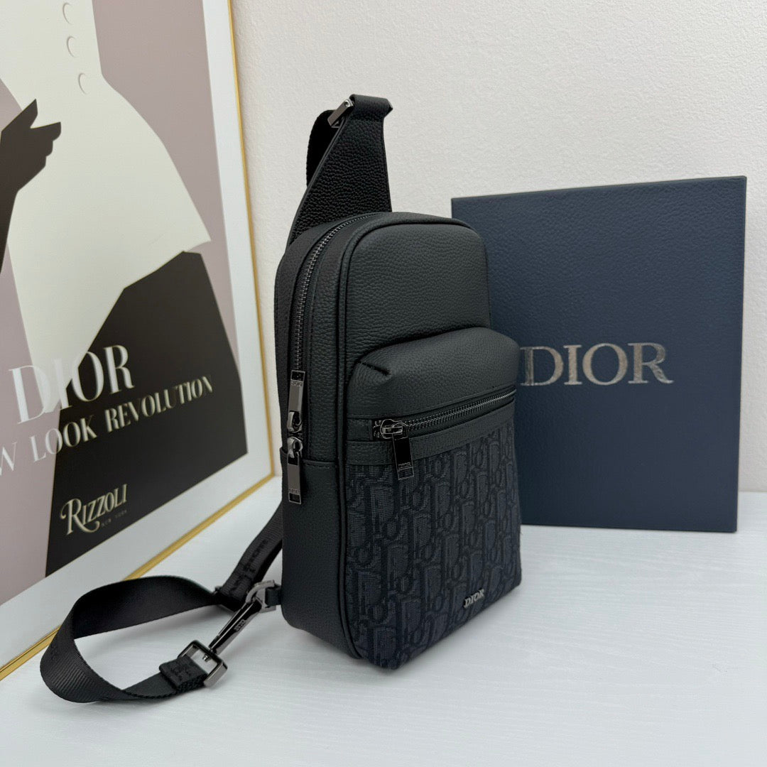 Dior Oblique Sling Bag – Black Leather with Monogram Canvas