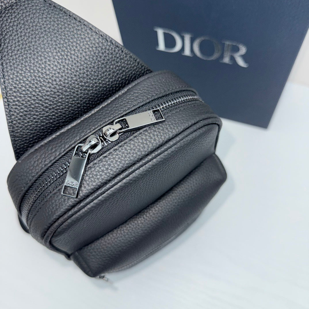 Dior Oblique Sling Bag – Black Leather with Monogram Canvas