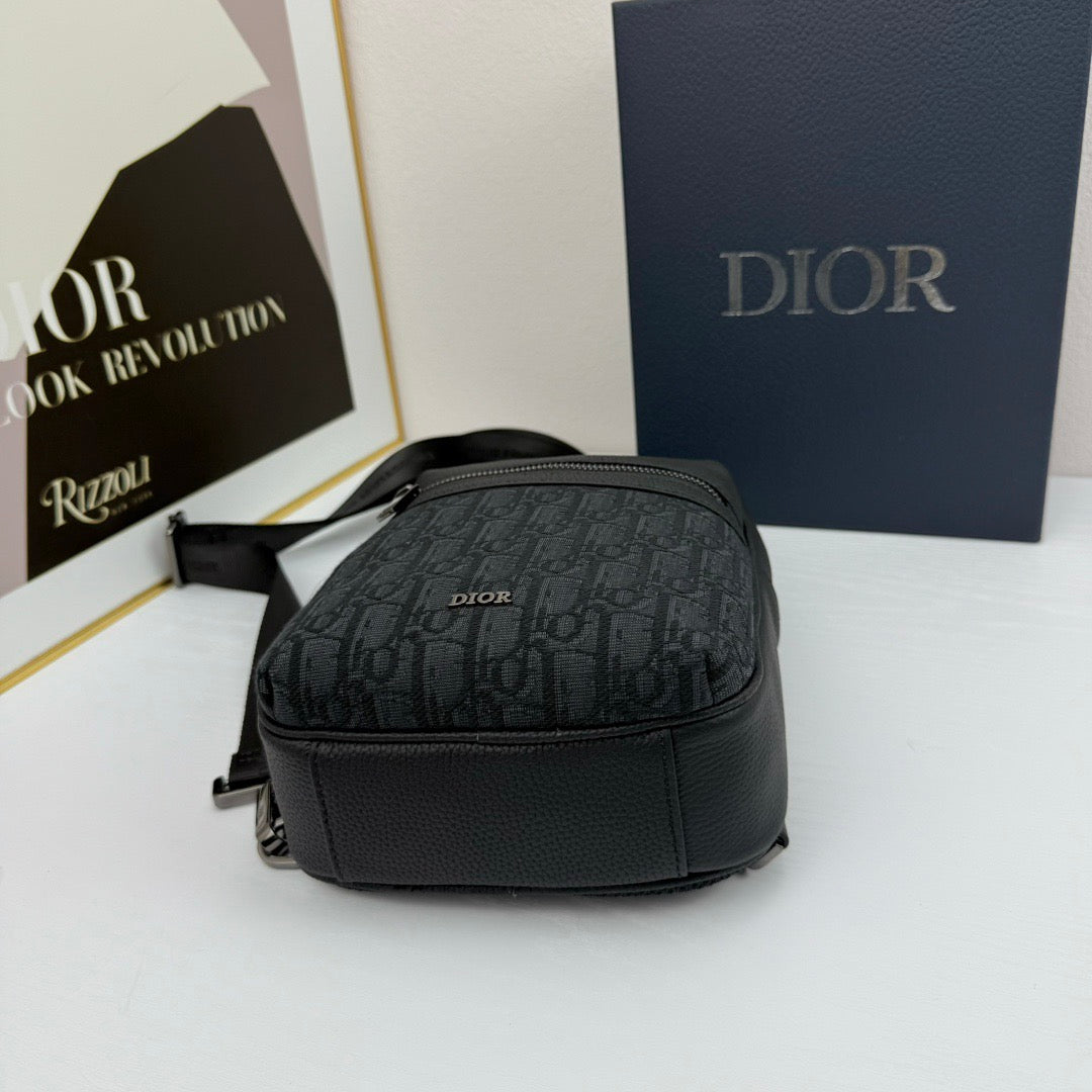 Dior Oblique Sling Bag – Black Leather with Monogram Canvas
