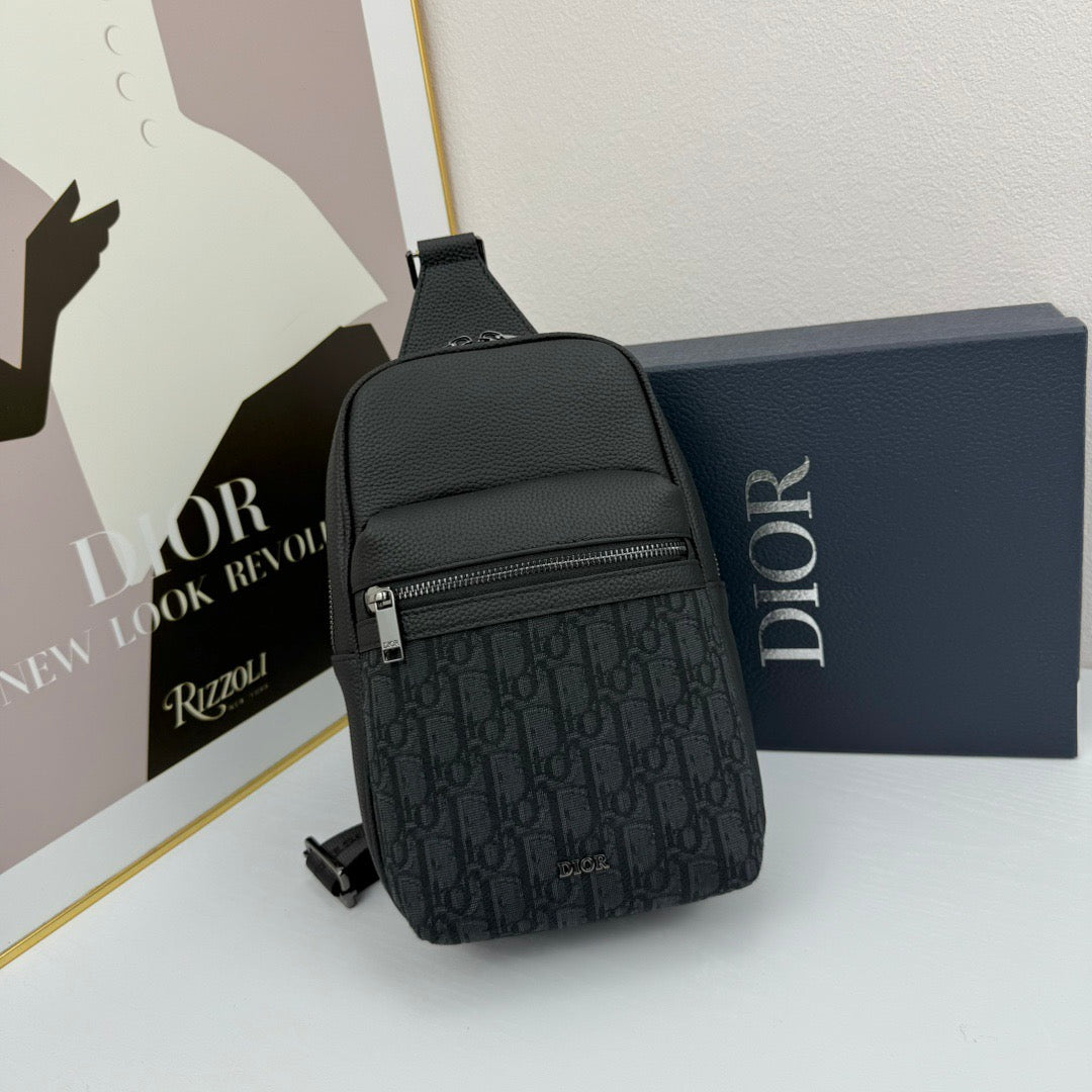Dior Oblique Sling Bag – Black Leather with Monogram Canvas