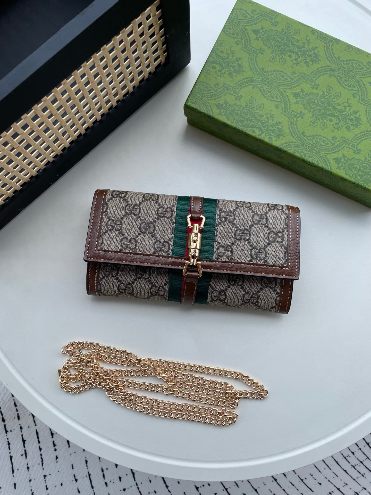 Gucci GG Monogram Chain Wallet – Denim & Stripe