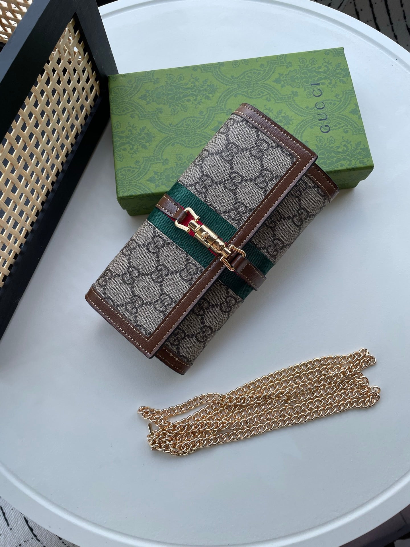 Gucci GG Monogram Chain Wallet – Denim & Stripe