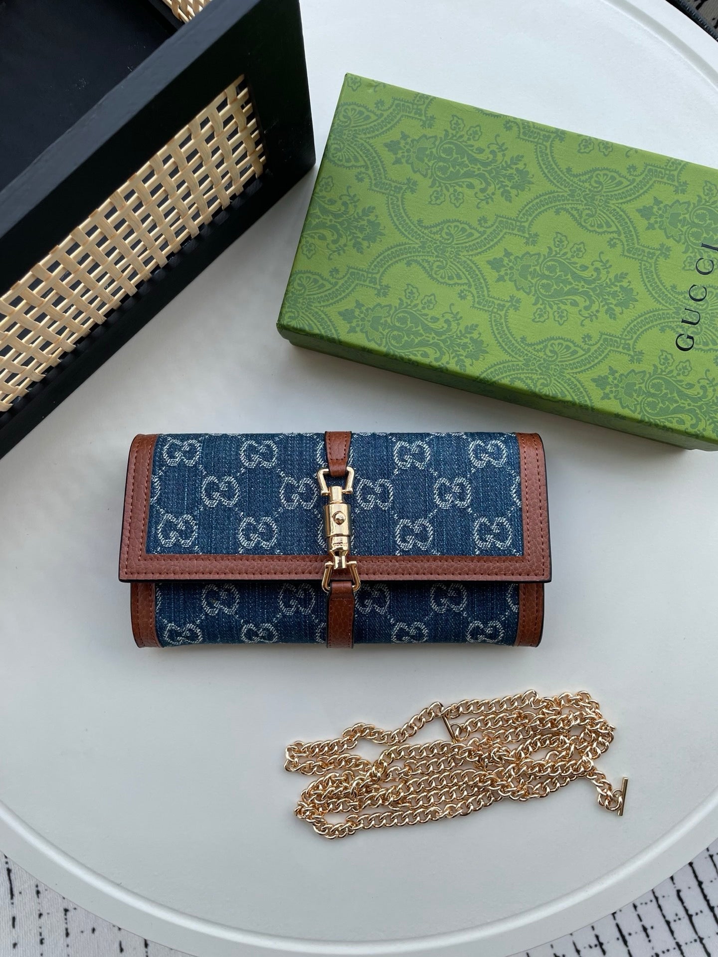 Gucci GG Monogram Chain Wallet – Denim & Stripe