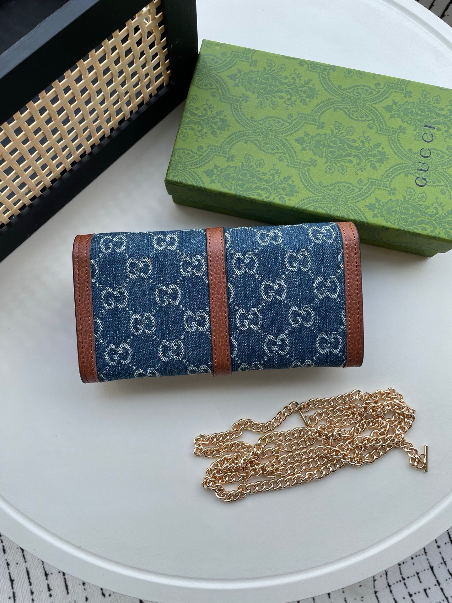 Gucci GG Monogram Chain Wallet – Denim & Stripe