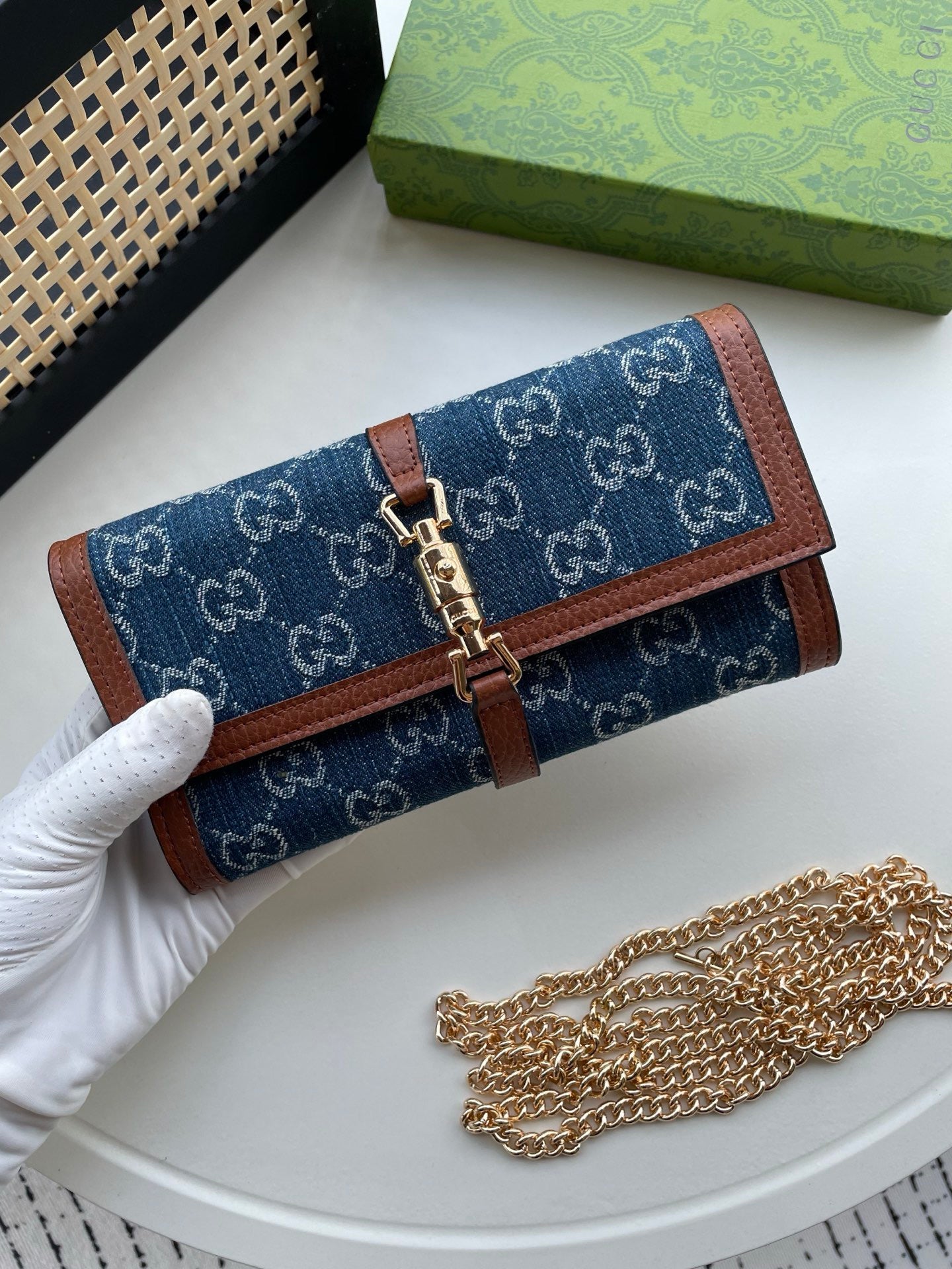 Gucci GG Monogram Chain Wallet – Denim & Stripe