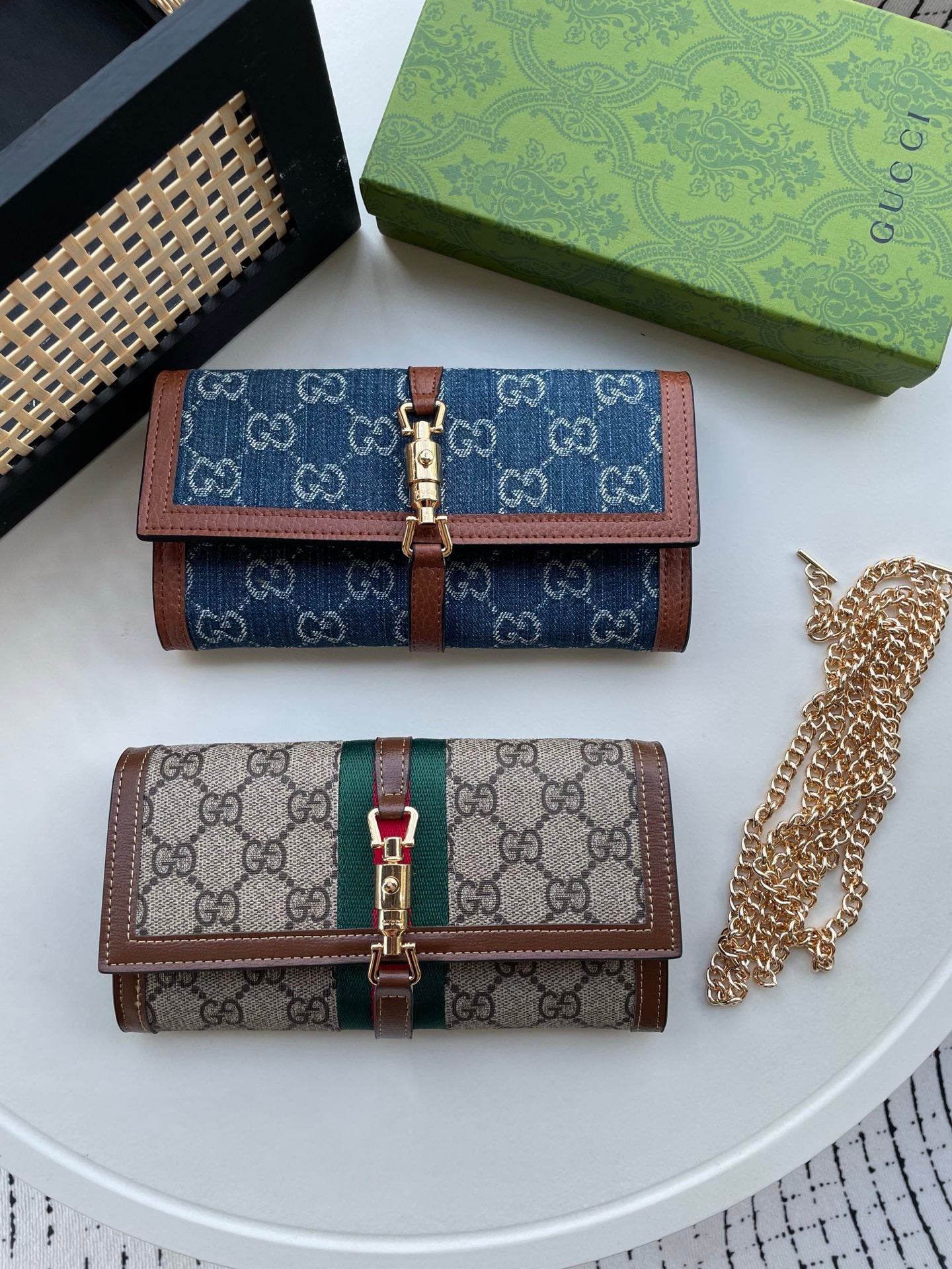 Gucci GG Monogram Chain Wallet – Denim & Stripe