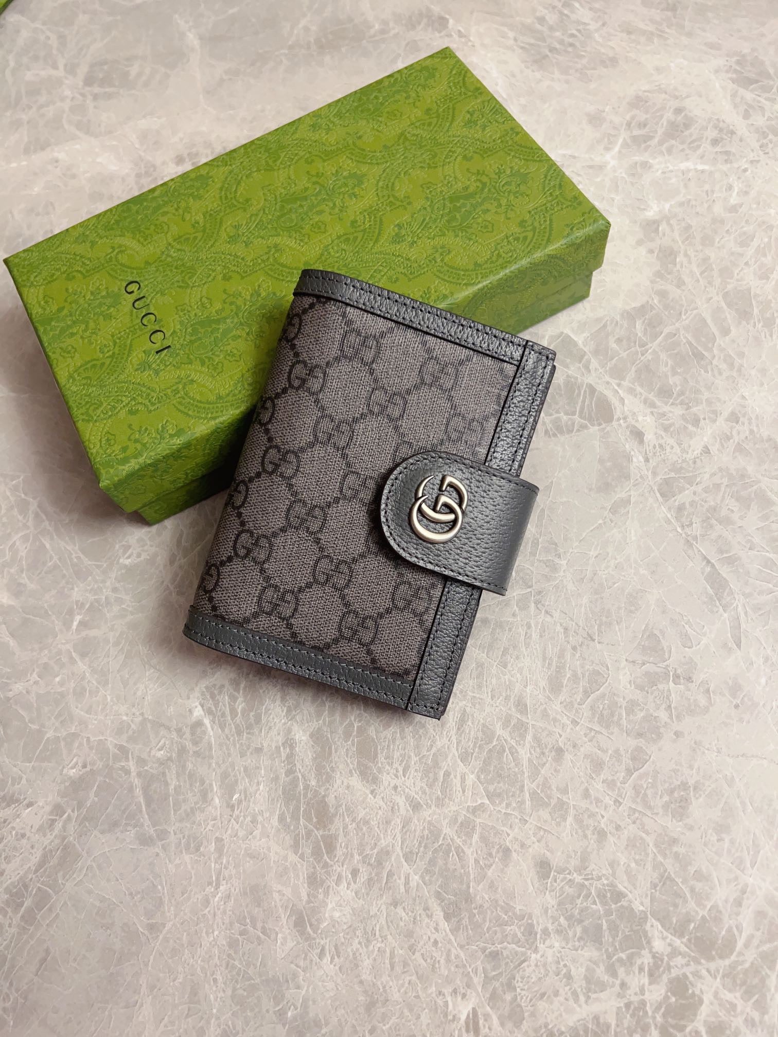 Gucci GG Supreme Flap Wallet – Dark Gray with Metallic GG Clasp