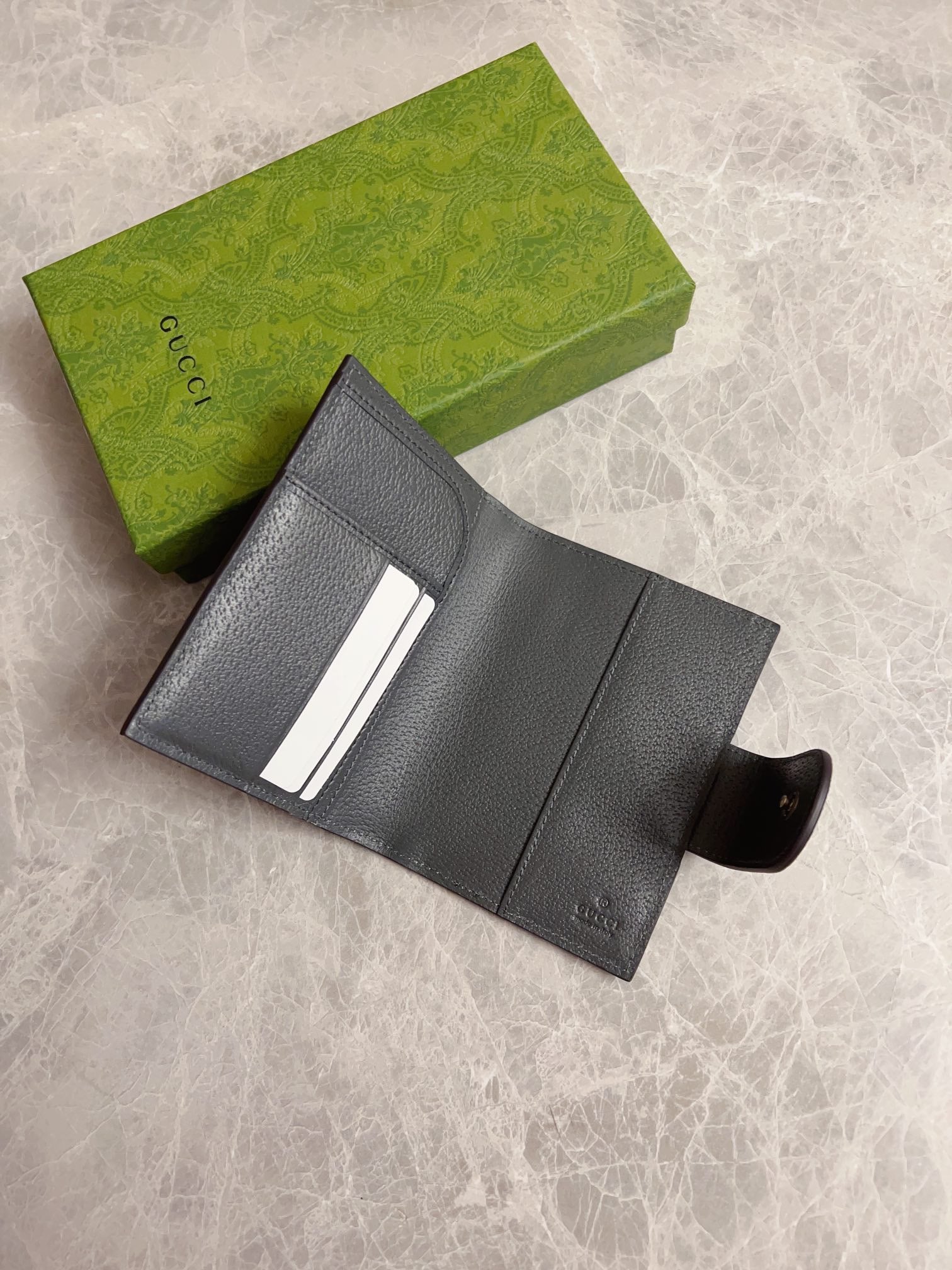 Gucci GG Supreme Flap Wallet – Dark Gray with Metallic GG Clasp