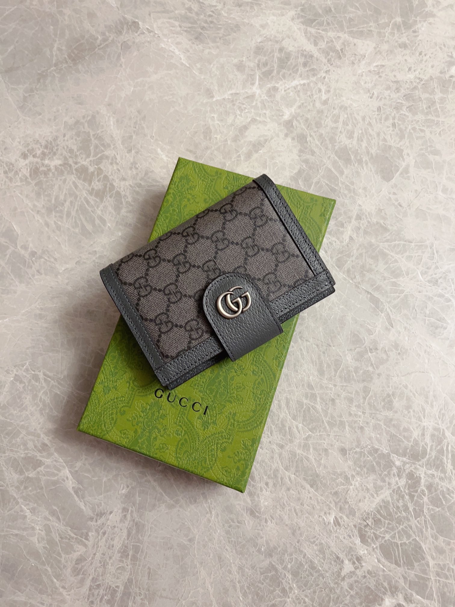 Gucci GG Supreme Flap Wallet – Dark Gray with Metallic GG Clasp