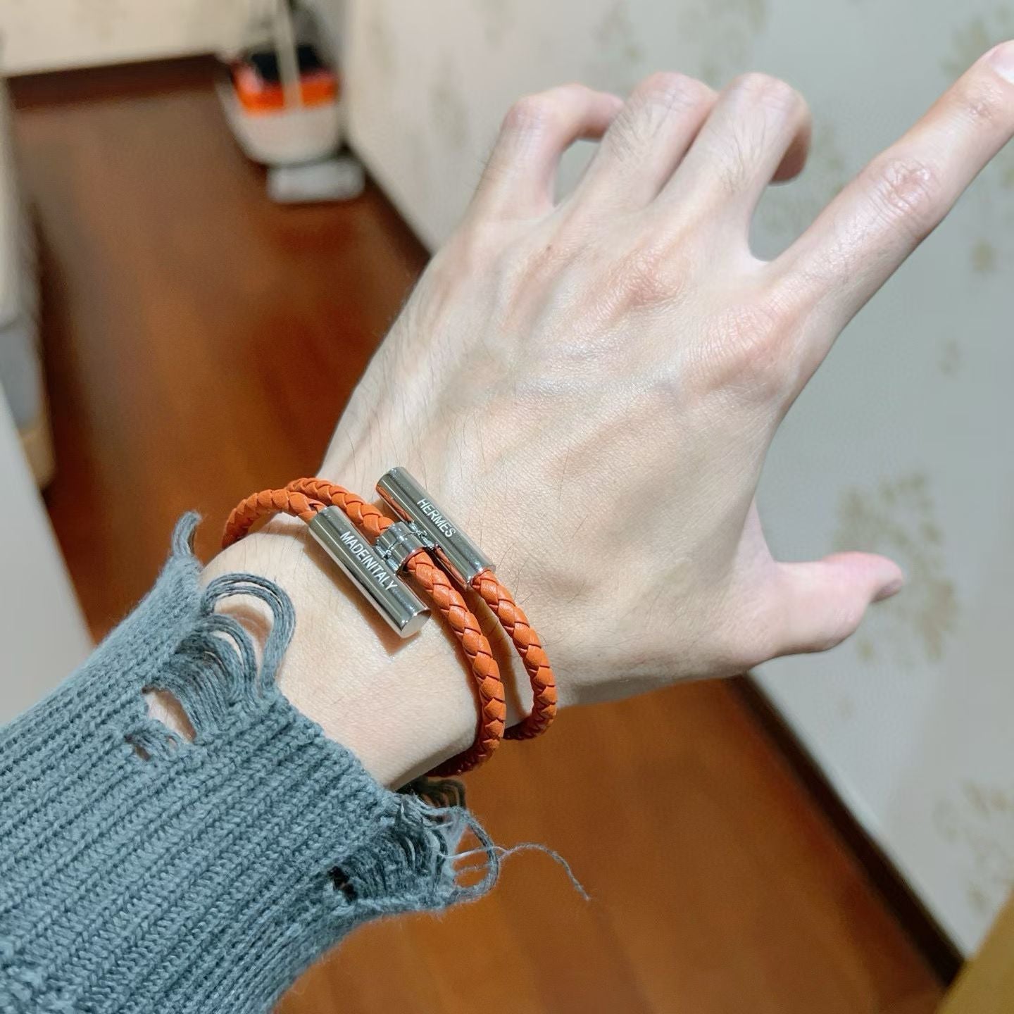 Hermès Tournis Tresse Bracelet Braided Leather with Engraved Metal Clasps