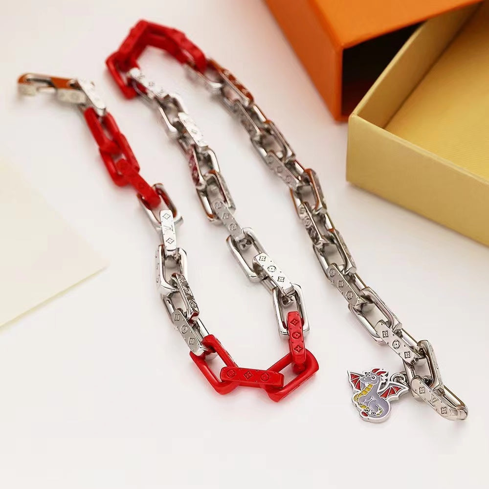 Louis Vuitton Mixed-Metal Chain Necklace – Silver, Gold & Black Links with LV Engraving