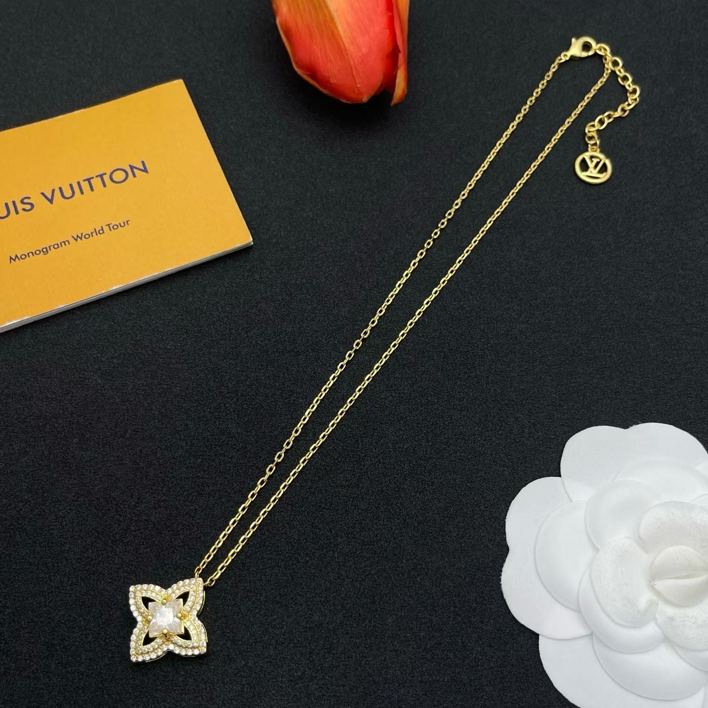 Louis Vuitton Flower Pendant Necklace – Gold & Silver with Sparkling Stones