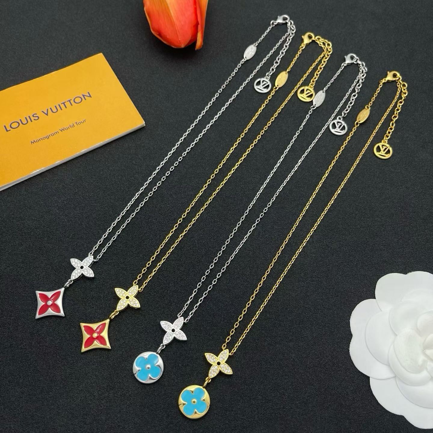 Louis Vuitton Monogram Clover Necklace – Gold & Silver Chains with Red, Blue, Yellow & White Accents