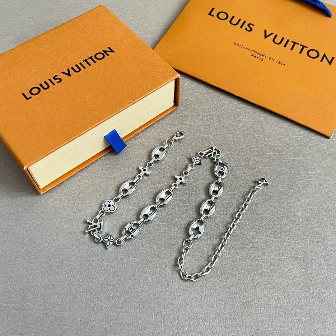 Louis Vuitton Monogram Jewelry Set – Silver Necklace & Bracelet with LV Logo & Floral Motifs