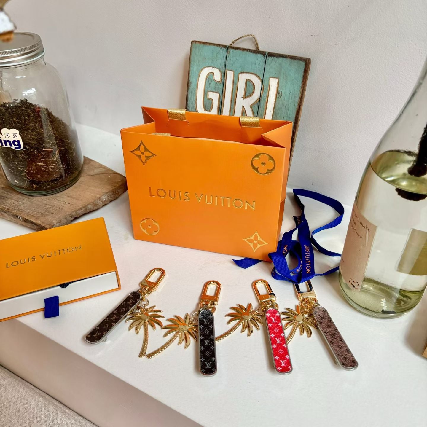 Louis Vuitton Monogram World Tour Bag Charm Tropical Palm Design with Gold Hardware