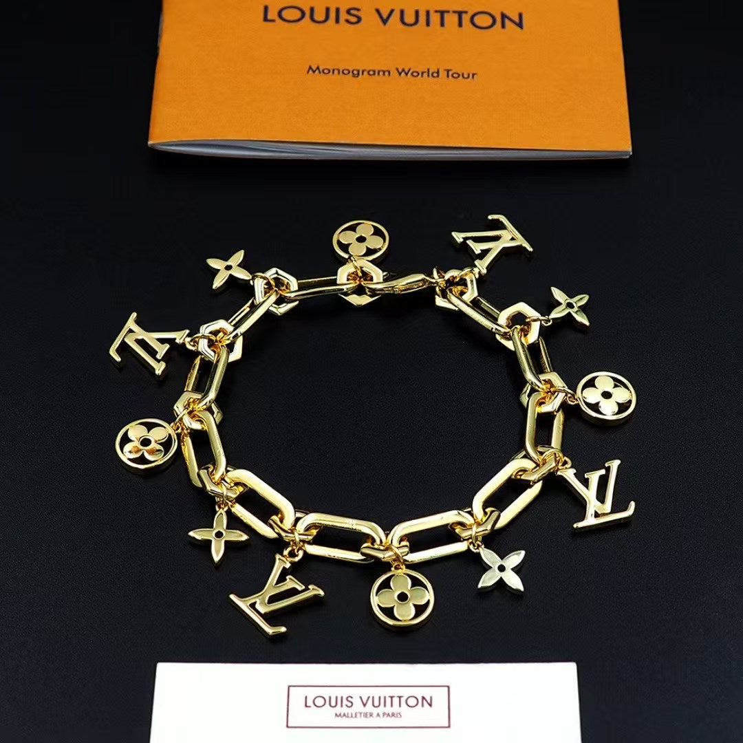 Louis Vuitton Charm Bracelet Duo – Silver & Gold Chains with LV Monogram & Floral Motifs