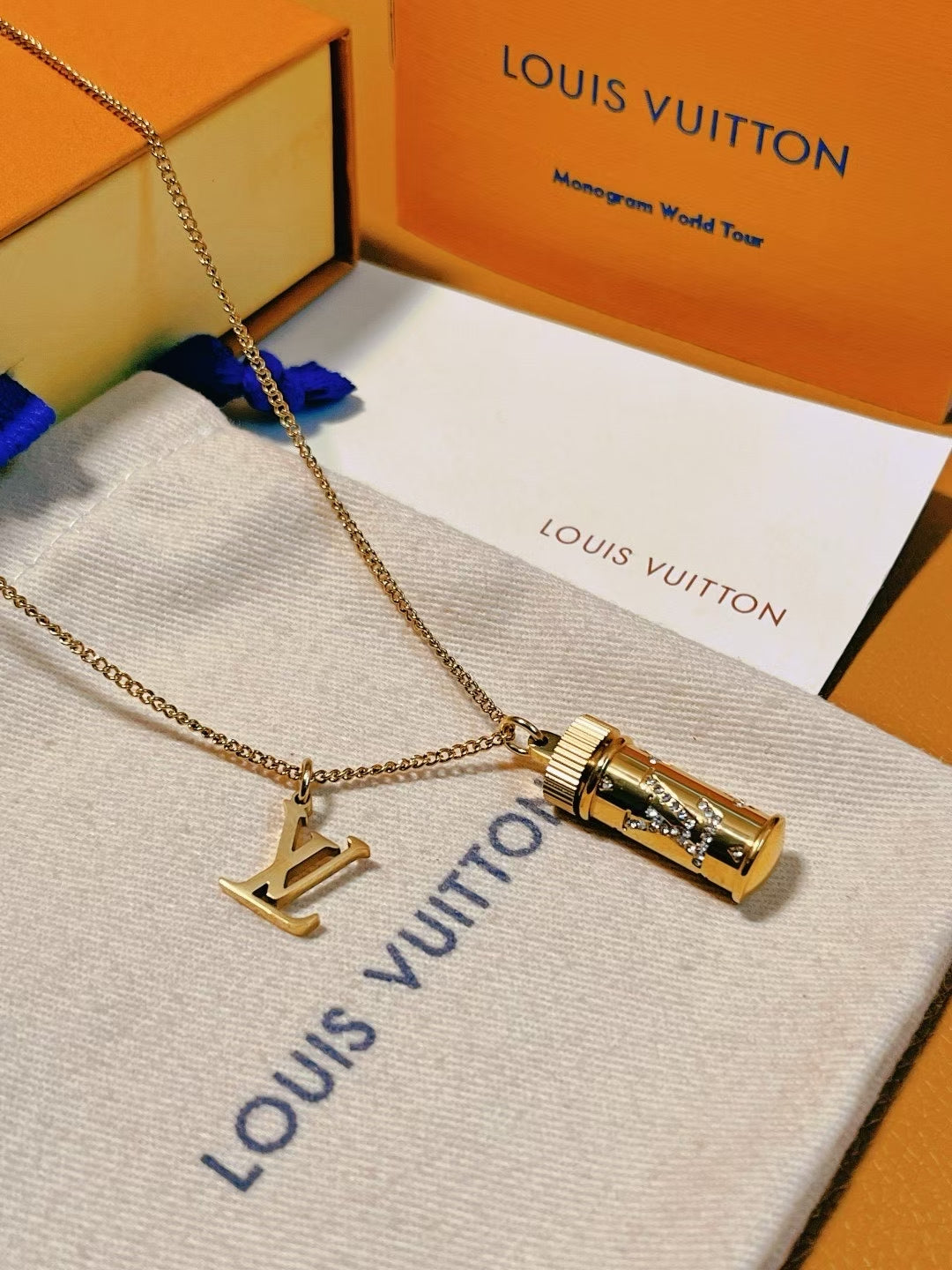 Louis Vuitton Capsule Pendant Necklace Set – Gold & Silver with Rhinestone Detail