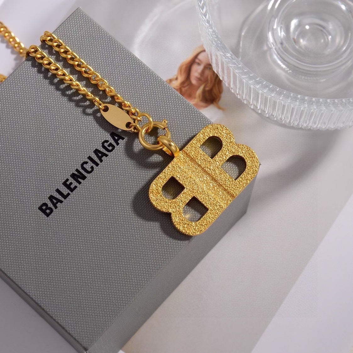 Balenciaga BB Logo Necklace Collection – Crystal-Encrusted Pendants in Silver & Gold