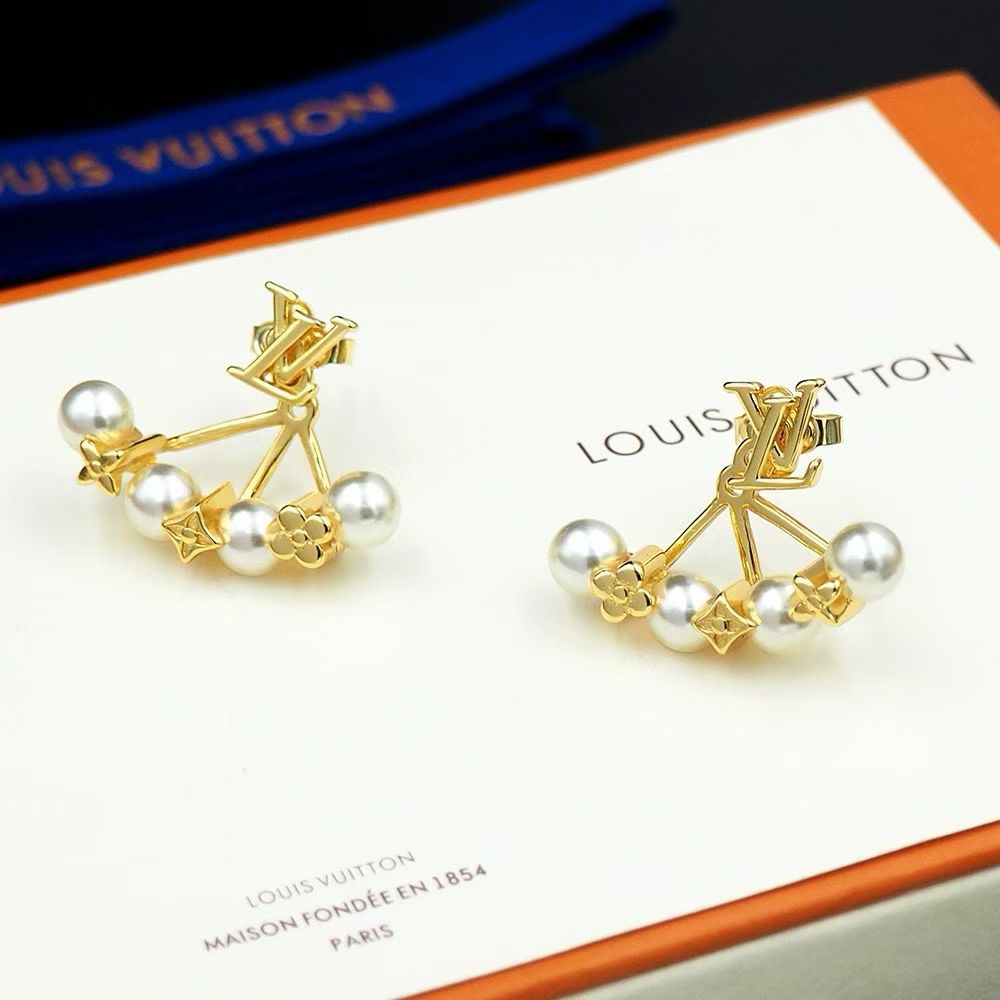 Louis Vuitton Gold Earrings Pearl Trio with Monogram Star & Flower Charms