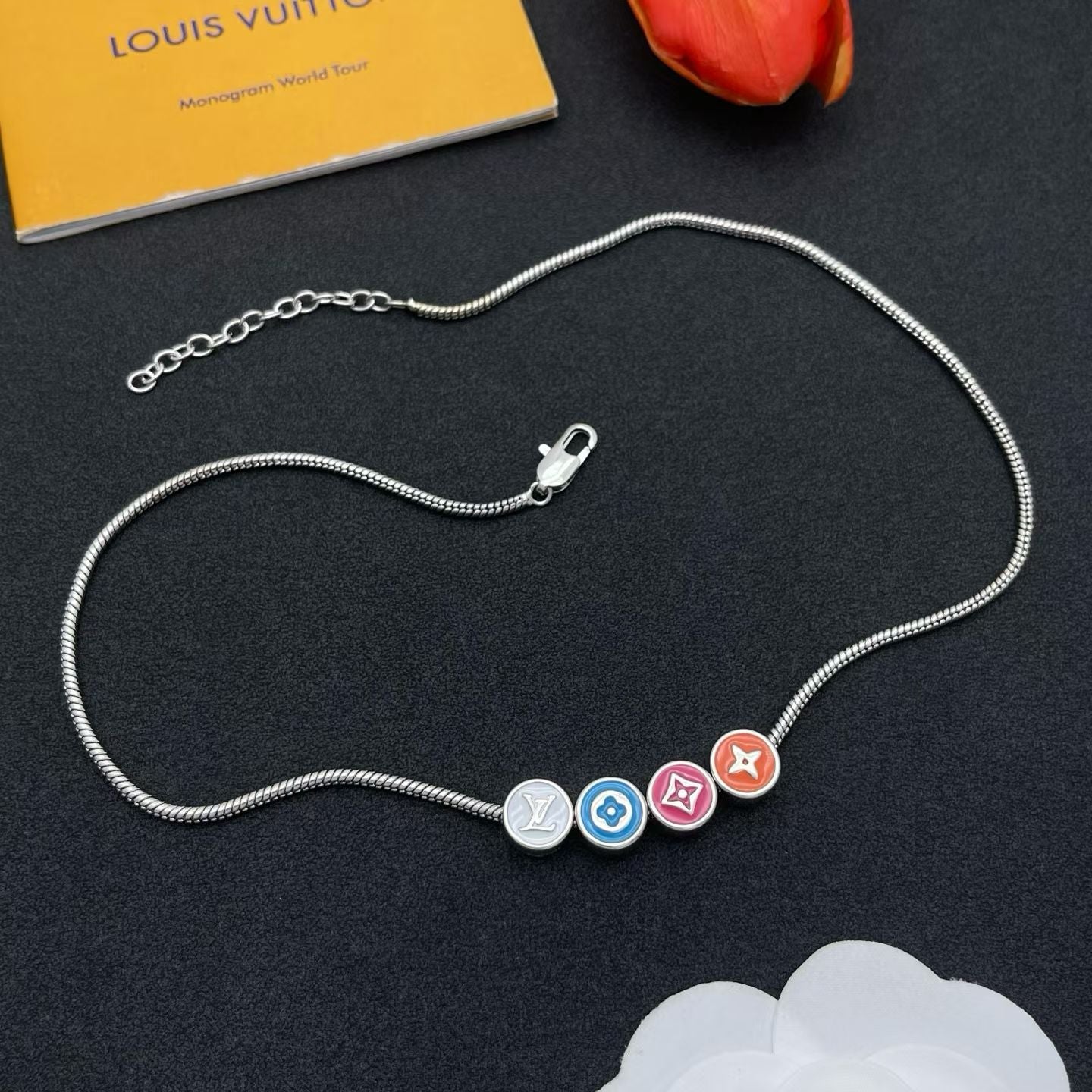 Louis Vuitton Monogram World Tour Necklace – Mixed Metal Chains with Colorful LV Charms
