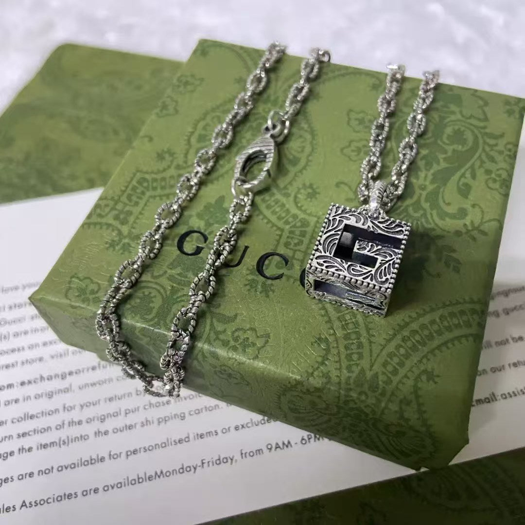 Gucci Silver Square G Padlock Pendant Necklace – Engraved Lock Design