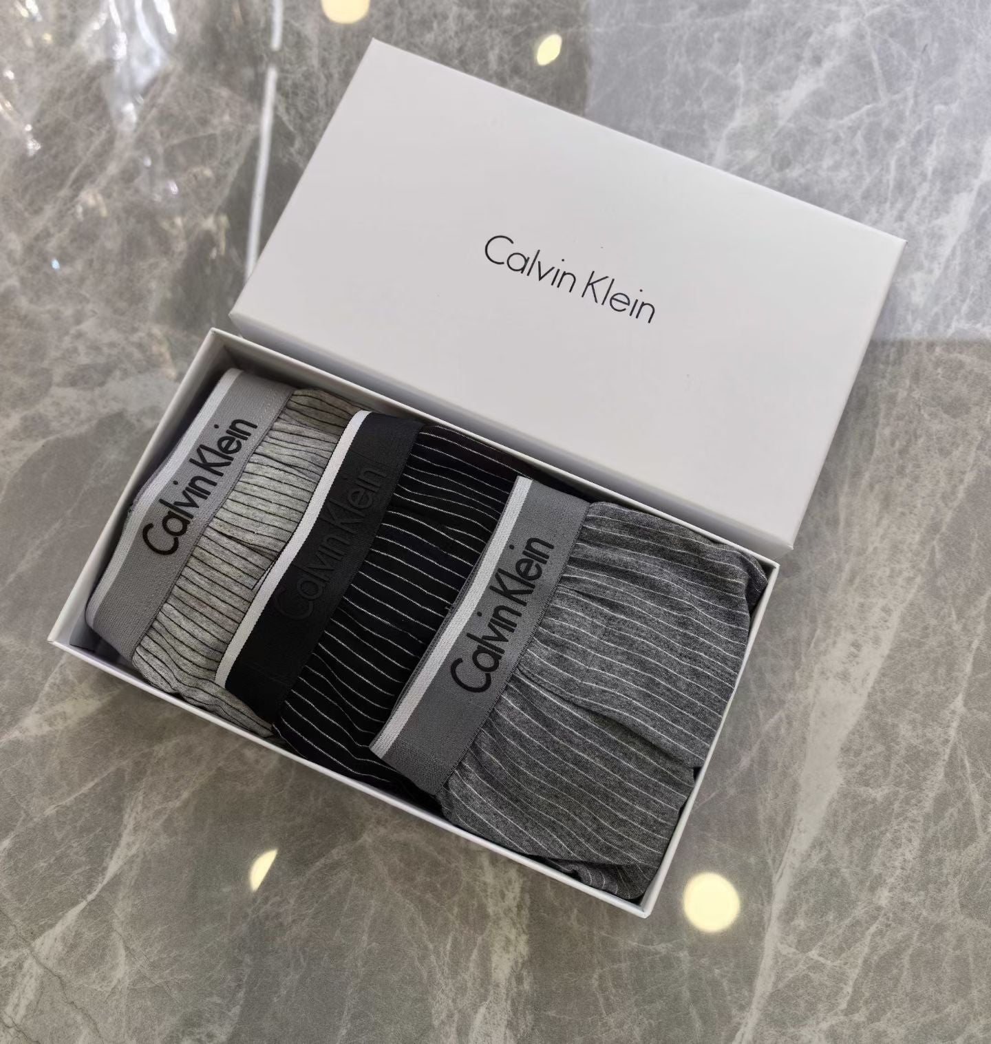 Calvin Klein Men’s Boxer Briefs – 3-Pack with Vertical Stripes in Gray, Black & Heather