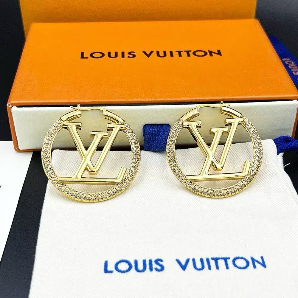 Louis Vuitton Oversized Hoop Earrings – Textured Circular Frame with LV Logo in Gold & Silver