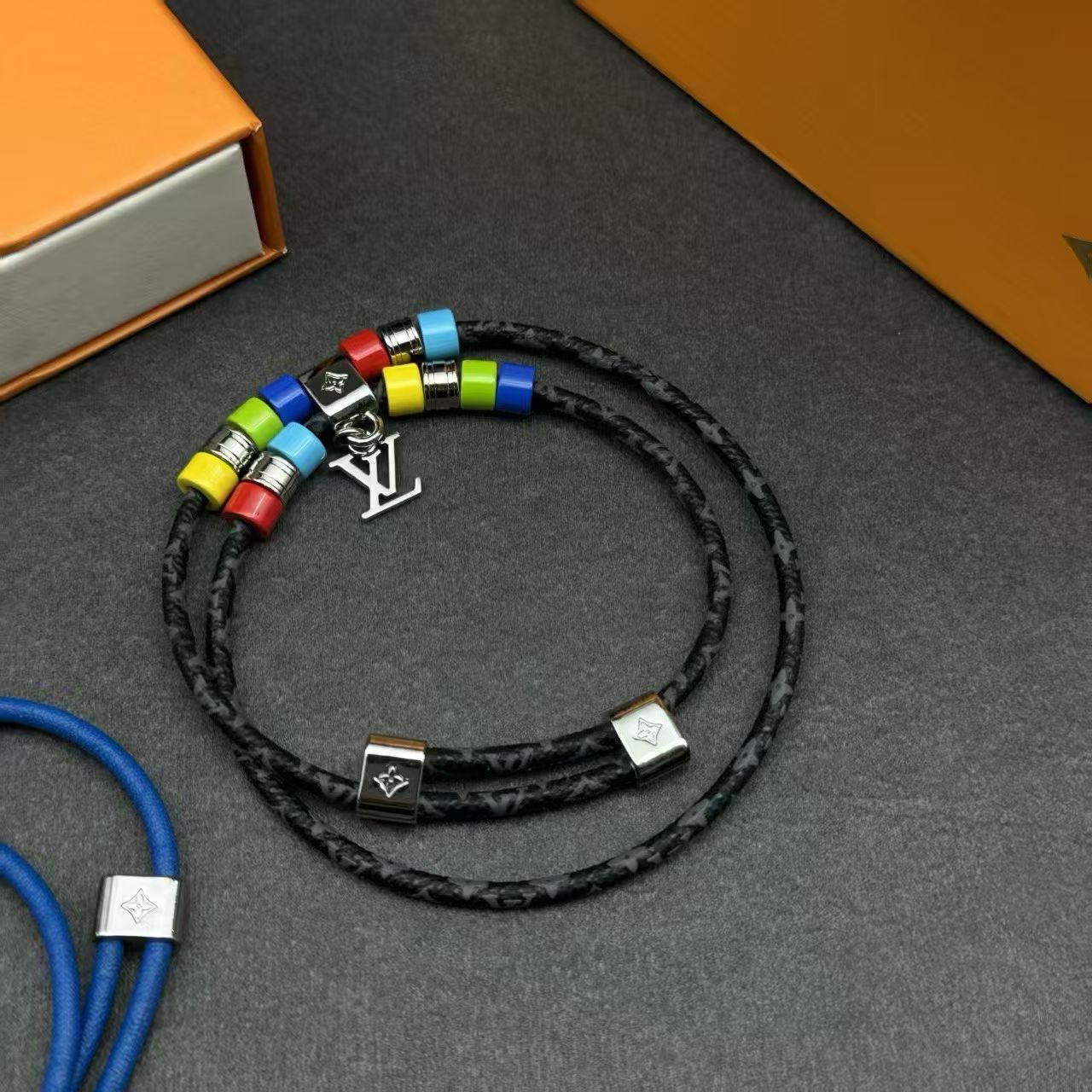 Louis Vuitton Cord Bracelet Multicolor Beads with Silver LV Logo Charm