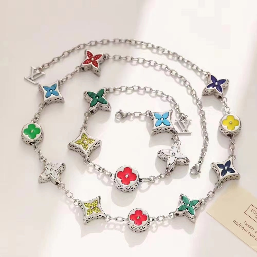 Louis Vuitton Colorful Charm Necklace Set – Silver-Tone Chains with Multicolor LV Symbols