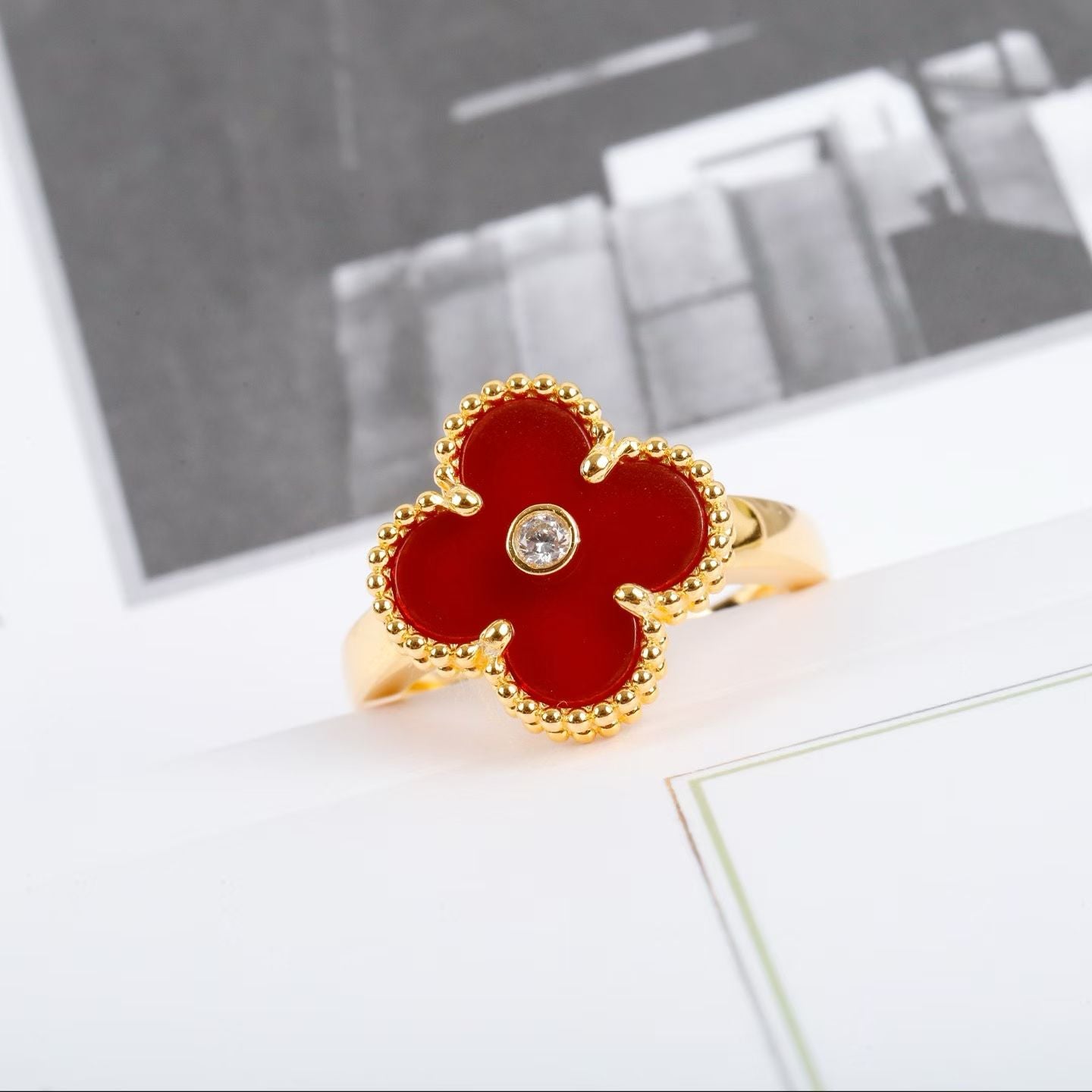 Van Cleef-Inspired Clover Ring Collection – Gold Bands with Colored Petals & Gem Centers