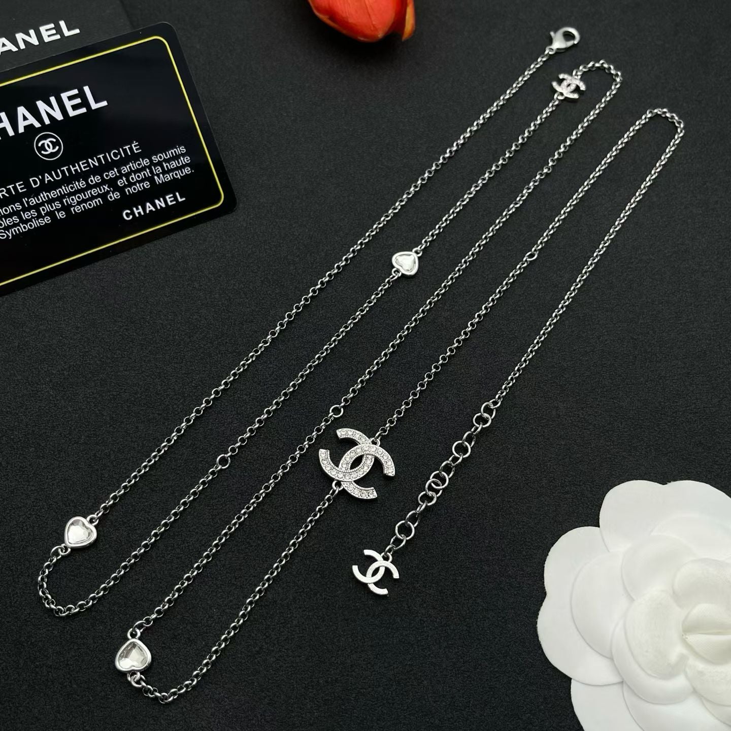 Chanel Layered CC Necklace – Silver Chains with Crystal-Encrusted Logo & Camellia Motif