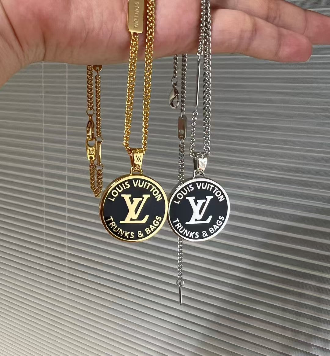 Louis Vuitton Trunks & Bags Pendant Necklace Duo – Gold & Silver Chains with Heritage Logo Medallions