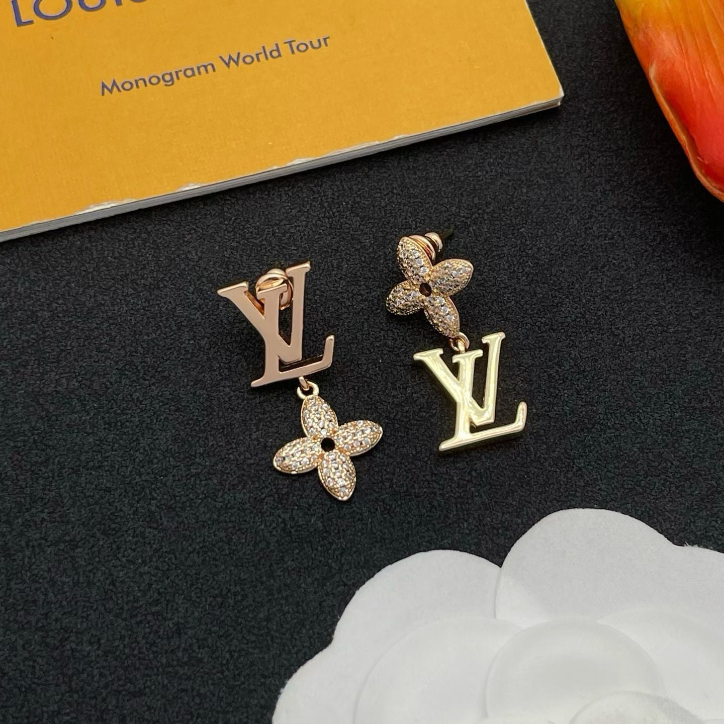 Louis Vuitton Monogram World Tour Earrings LV Logo & Floral Motif in Silver, Gold & Rose Gold