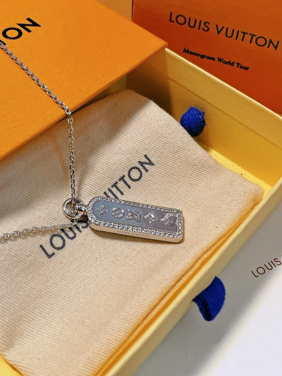 Louis Vuitton Monogram Frame Pendant Necklace Set – Gold & Silver with Crystal Border