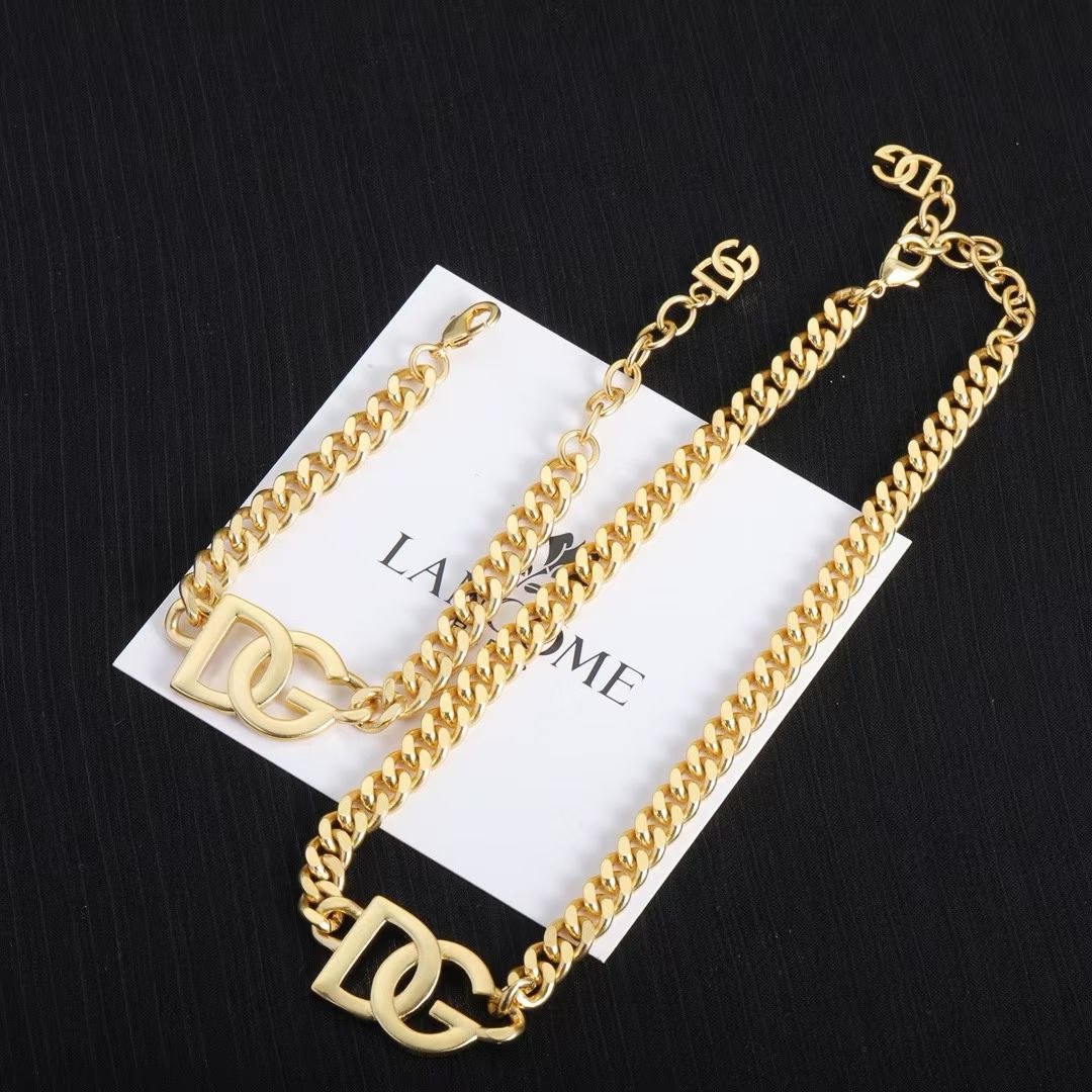 DG Gold Jewelry Set Curb Chain Necklace & Bracelet with Logo Charms