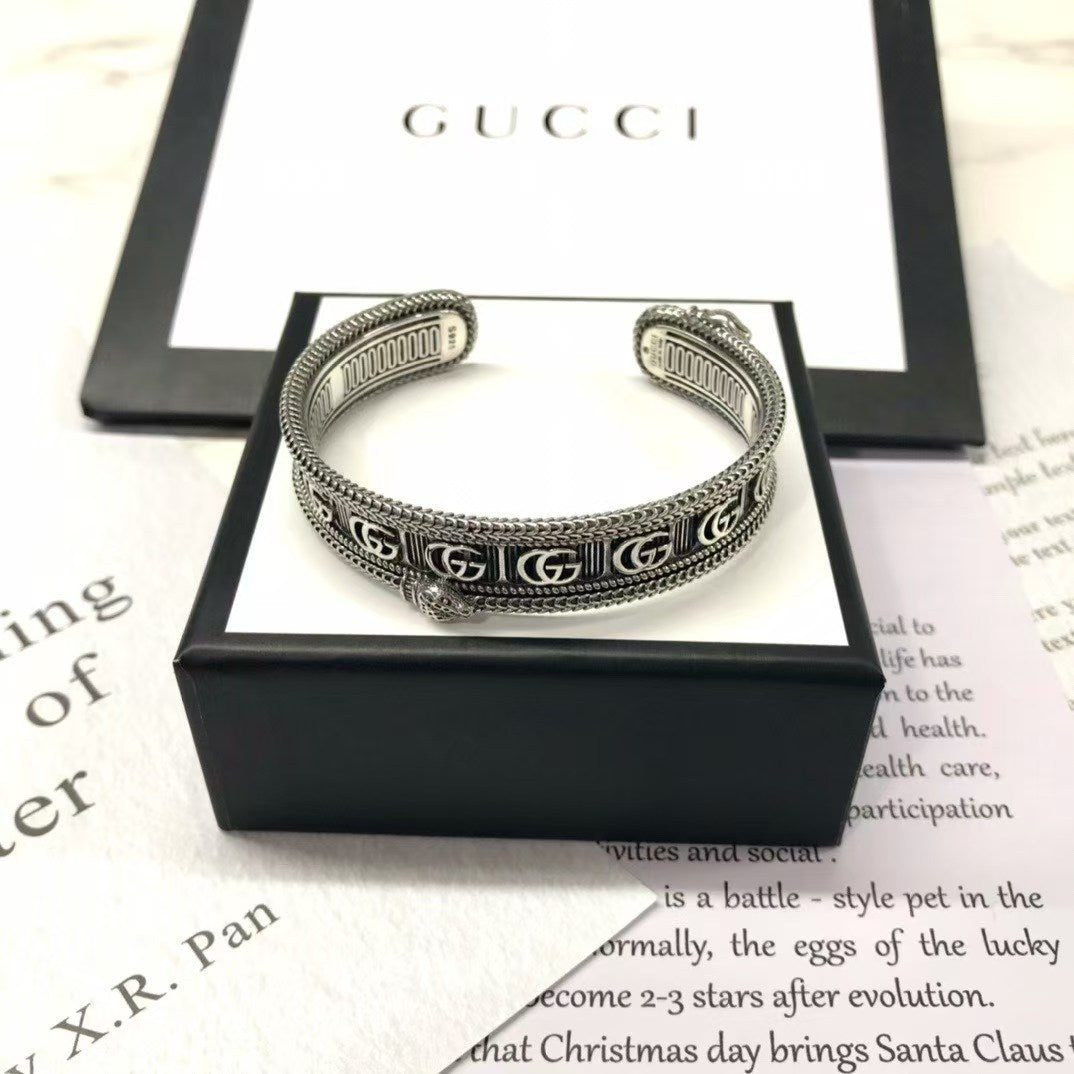 Gucci Garden Snake Bangle Bracelet – Aged Sterling Silver with Double G Motif