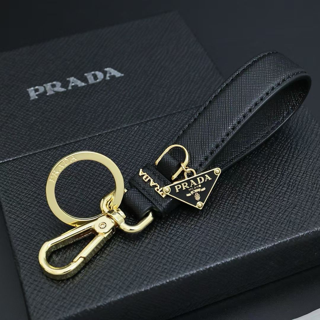 Prada Logo Keychain Leather Strap with Gold Triangle