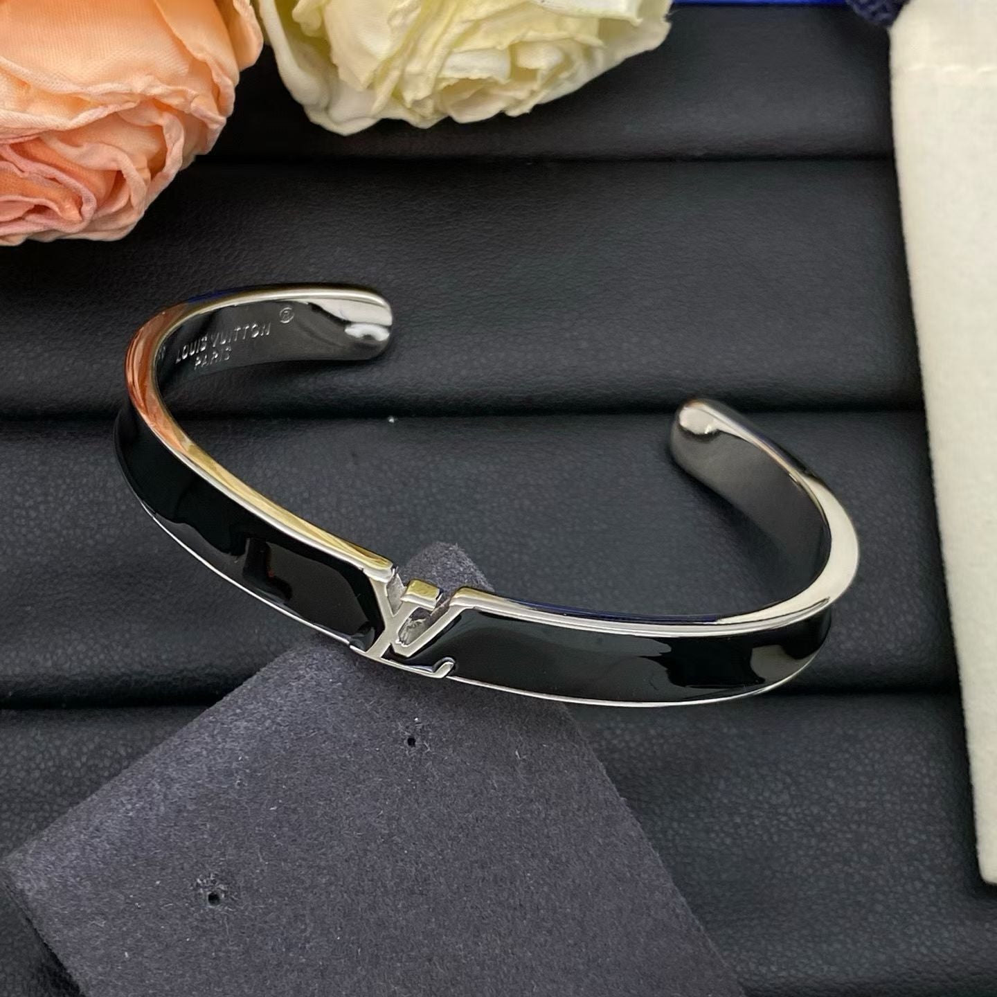 Louis Vuitton LV Logo Bracelet Black Band with Rose Gold, Silver &  Gold Finishes