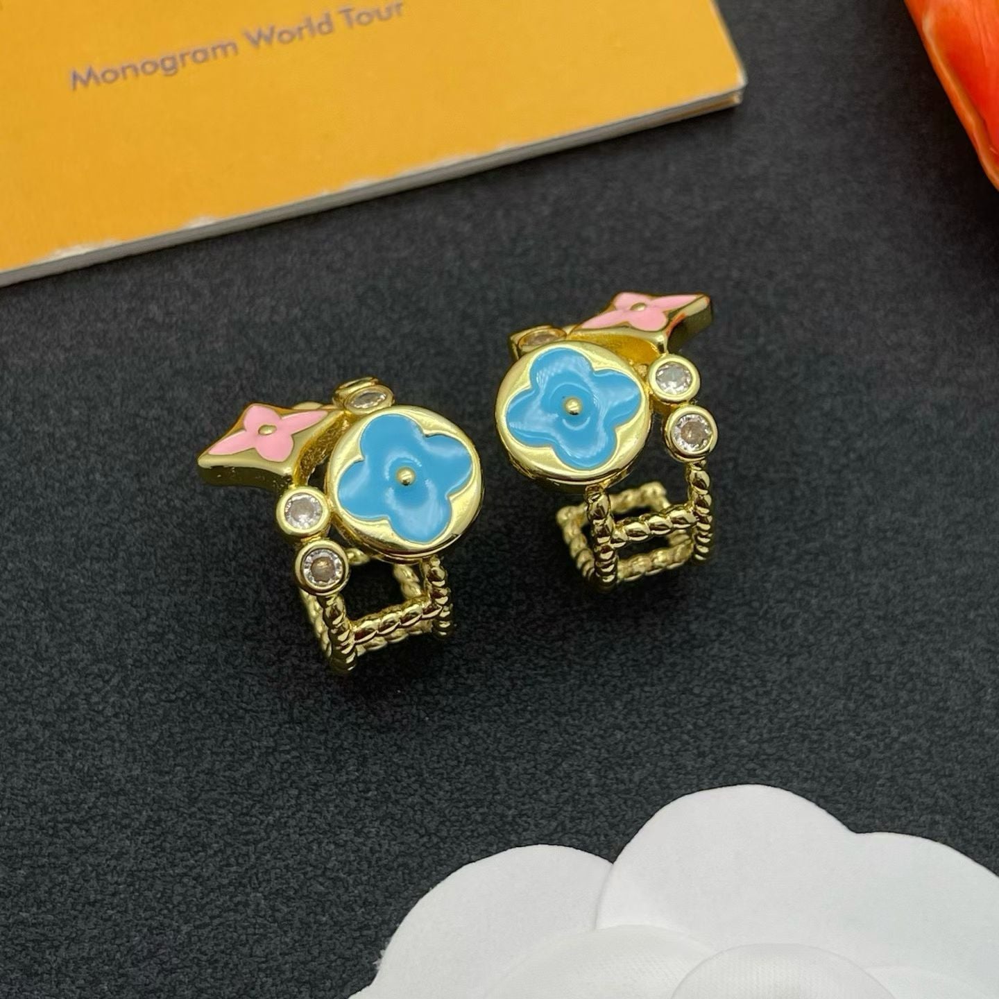 Louis Vuitton Monogram World Tour Earrings – Blue Enamel Flower with Pink Star & Crystal Accents
