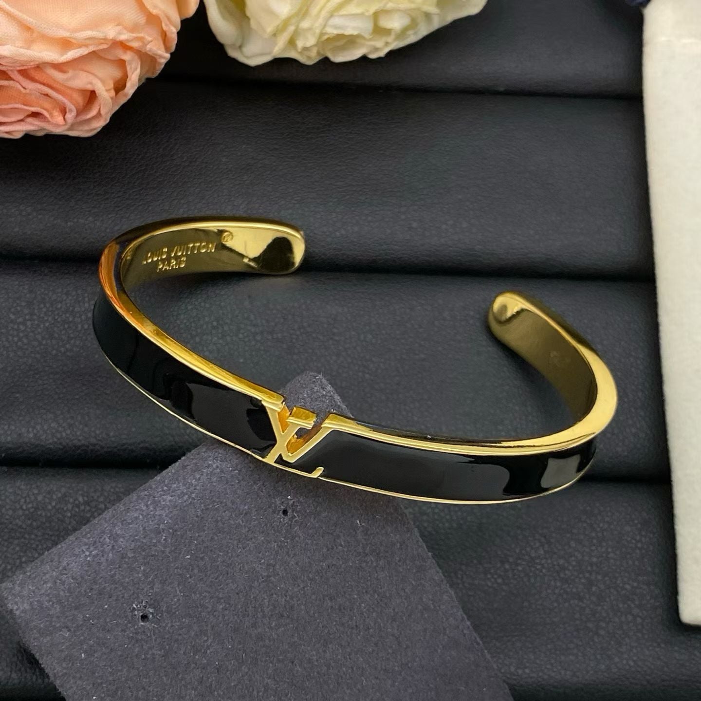 Louis Vuitton LV Logo Bracelet Black Band with Rose Gold, Silver &  Gold Finishes