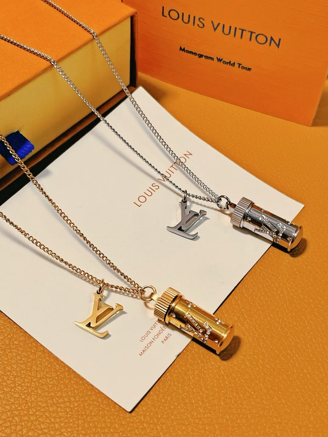 Louis Vuitton Capsule Pendant Necklace Set – Gold & Silver with Rhinestone Detail