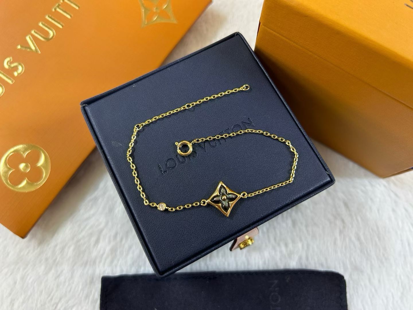 Black Charm Bracelet Clover & Star Motifs in Gold, Rose Gold & Silver