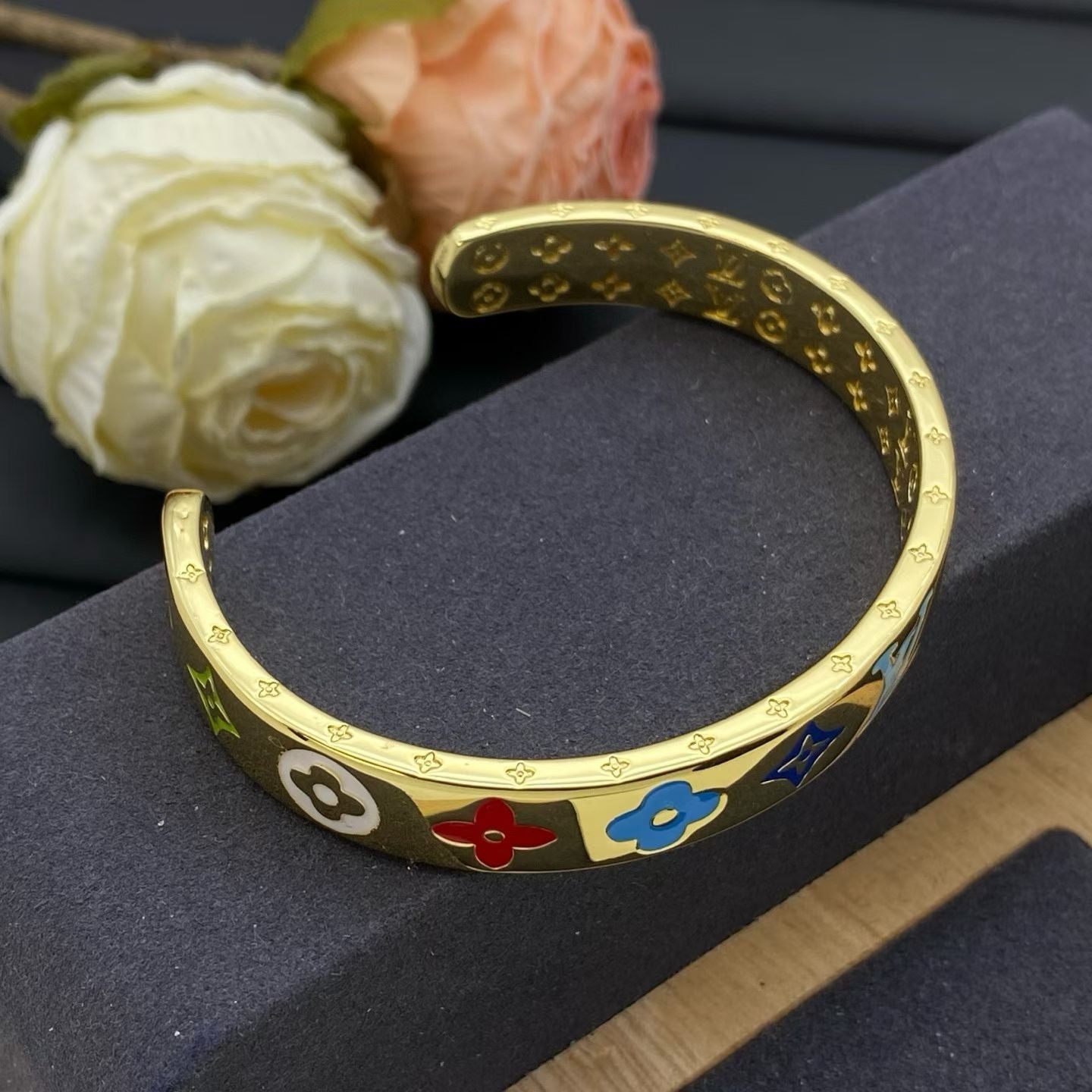 Louis Vuitton Enamel Monogram Bracelet – Gold Bangle with Multicolor LV Symbols