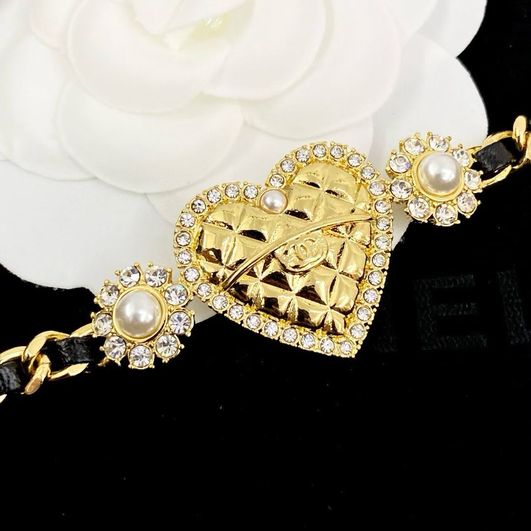 Chanel Gold Heart Necklace – Camellia Flowers with Pearl Centers & CC Logo Accent