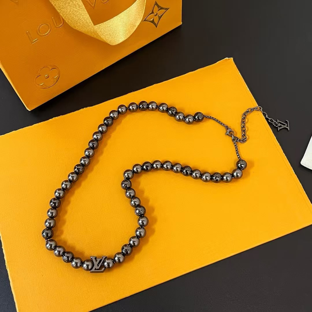 Louis Vuitton Metallic Bead Jewelry Set – Necklace & Bracelet with Signature LV Logo
